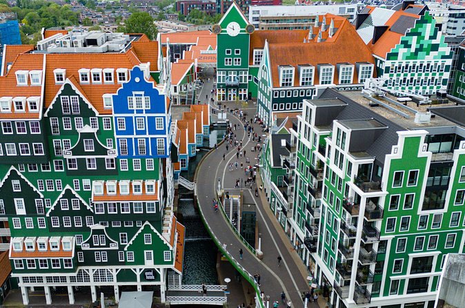 The stacked green facades of Zaandam's Inntel hotel seen from above