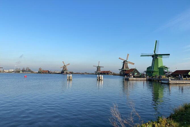 The Zaanse Schans windmill panorama seen from the far bank of the River Zaan